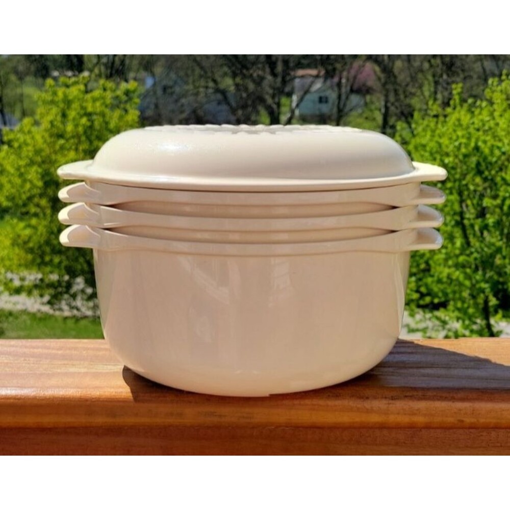 Vintage Tupperware 4 Piece Microwave Stack Cooker Steamer Almond - 1 3/4 & 3 QT